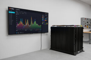 Grafana battery monitoring dashboard on a wall monitor beside a 16S LiFePO4 prismatic battery bank