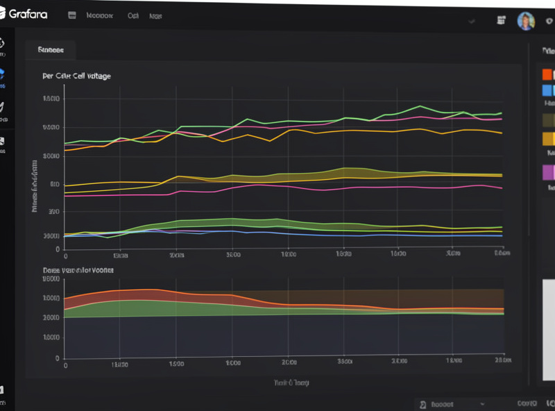 Close-up of Grafana per-cell voltage graphs showing 16 cells with a min and max shaded band