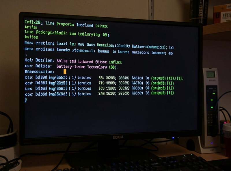 Terminal showing InfluxDB line protocol writes and a data pipeline pulling battery telemetry into buckets