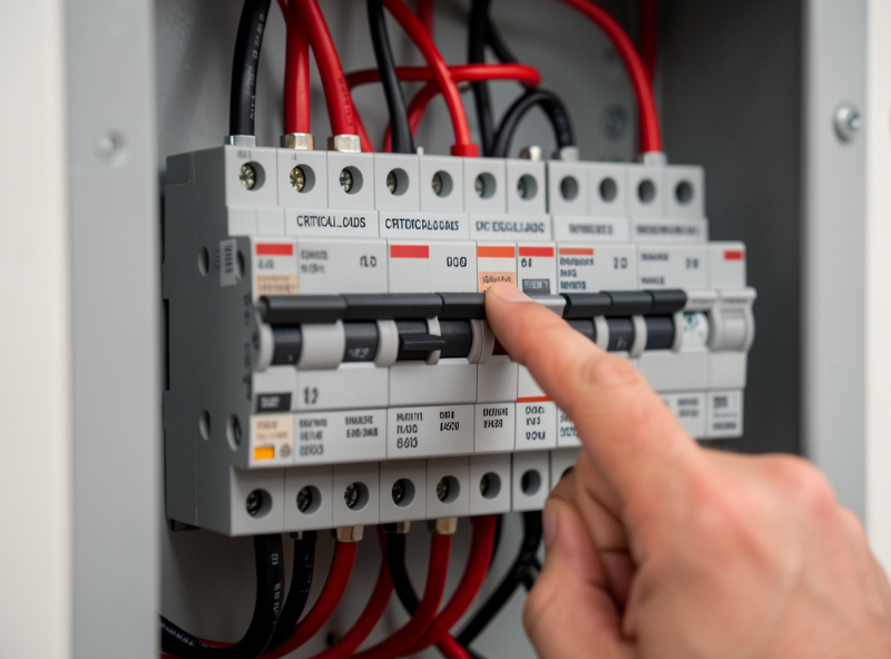 A labeled critical-loads electrical subpanel with neatly arranged breakers and wiring