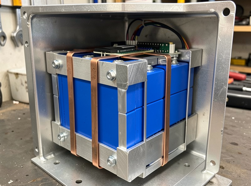 A DIY 16S LiFePO4 prismatic battery bank with copper busbars and a BMS in a ventilated enclosure