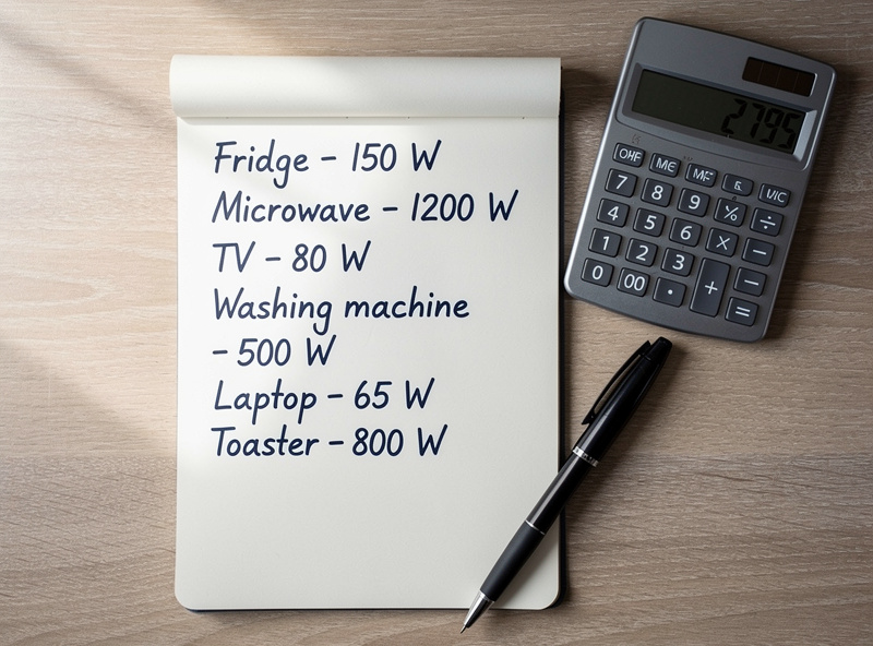 A notebook with a handwritten list of household devices and their wattages next to a calculator