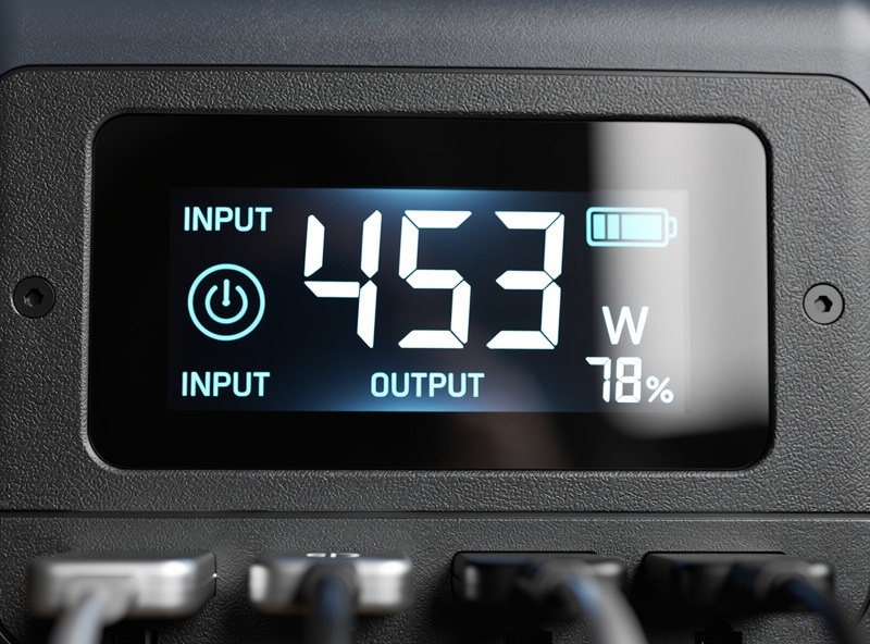 Portable power station display showing watt output while running multiple devices at once
