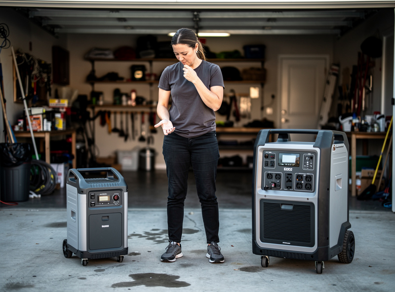 Person comparing two portable power stations of different capacities to choose the right size