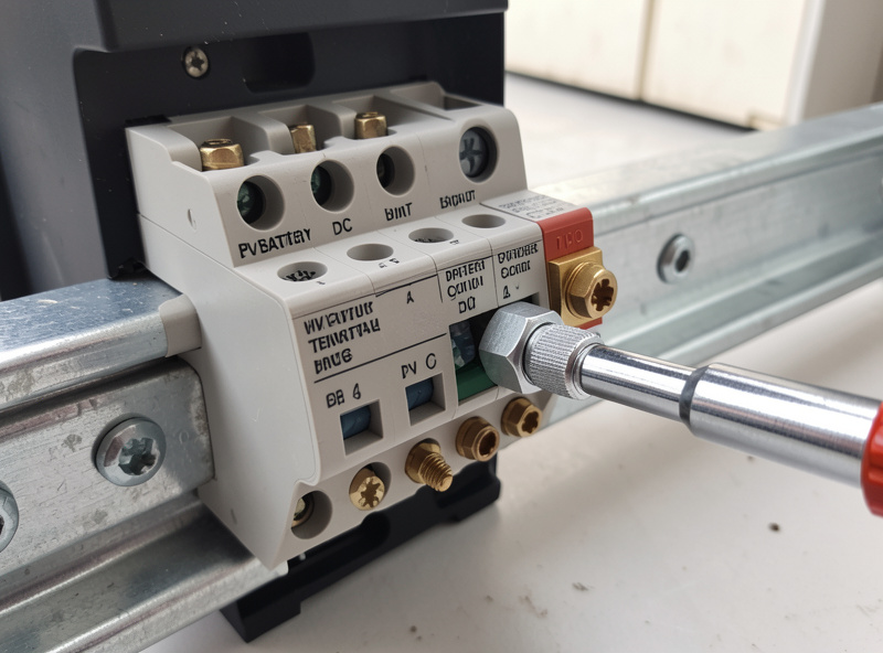Hybrid inverter terminal block with labeled DC battery lugs and a torque wrench on a busbar