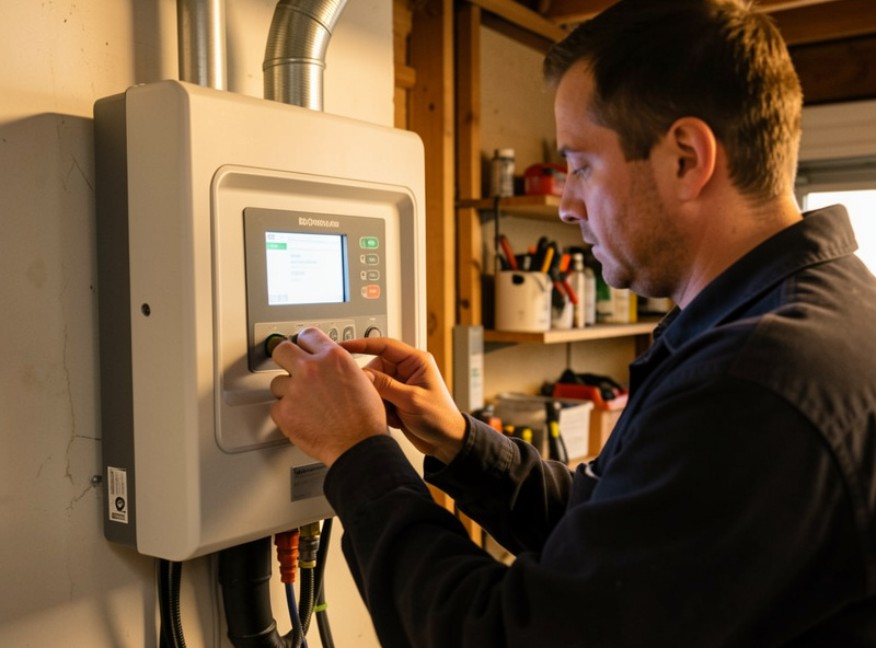 Technician adjusting settings on a hybrid inverter LCD control panel