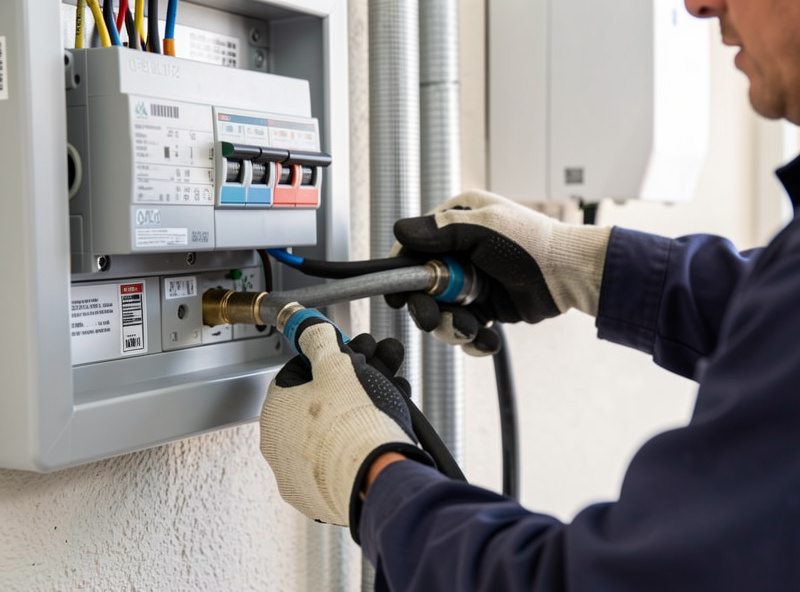 Electrician routing conduit from a home electrical panel toward a wall-mounted Level 2 EV charger