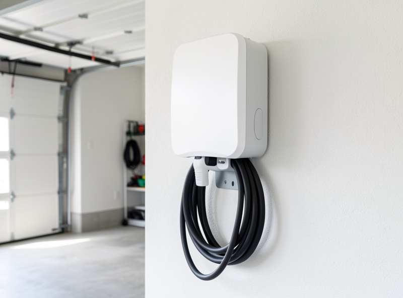 Wall-mounted Level 2 EV charger unit installed in a tidy residential garage