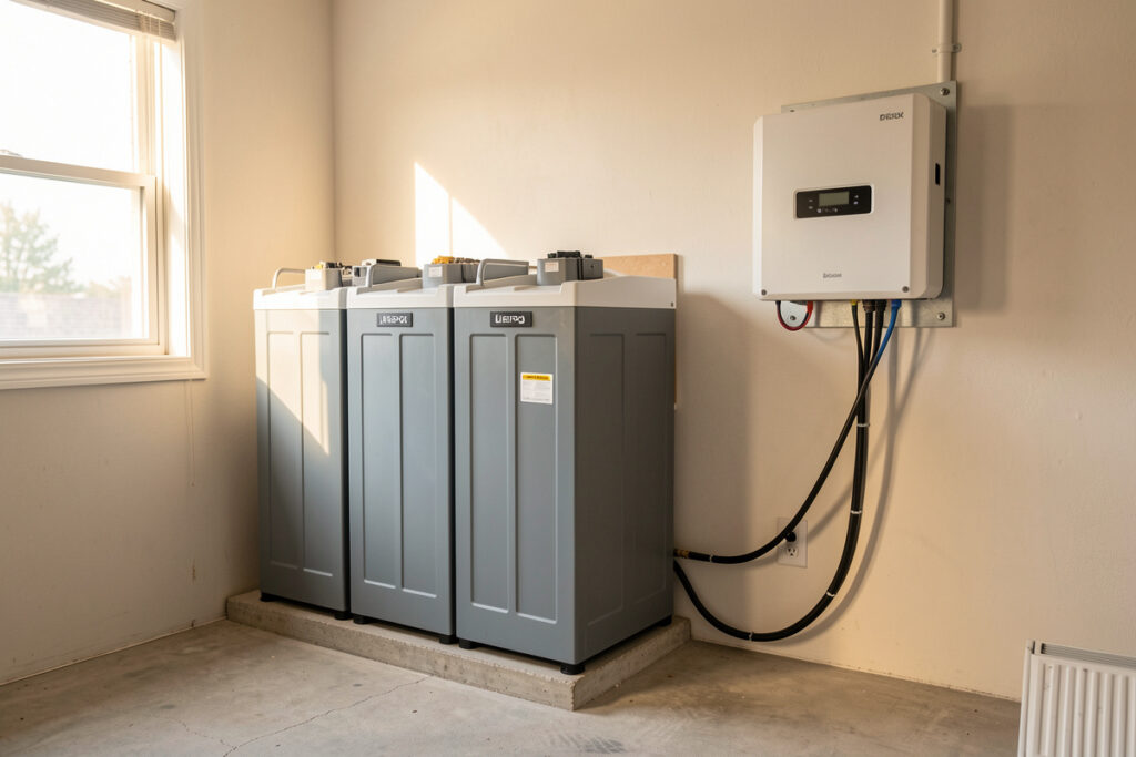 Healthy 16S LiFePO4 home battery bank beside a wall-mounted hybrid inverter