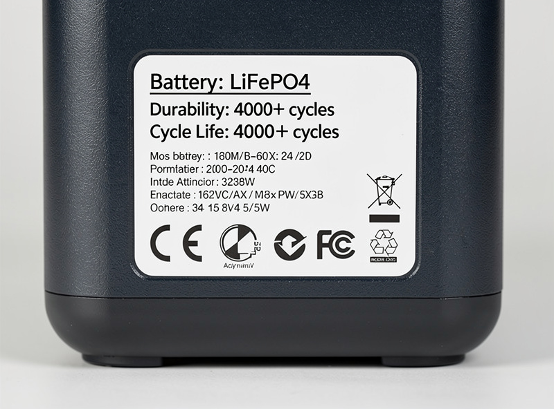 Close-up of a portable power station spec label showing LiFePO4 battery chemistry and cycle rating