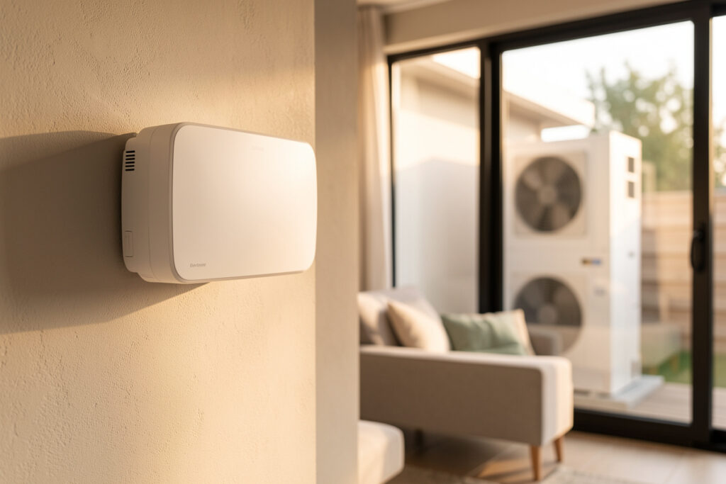 Wall-mounted mini-split heat pump head running from a LiFePO4 battery and solar