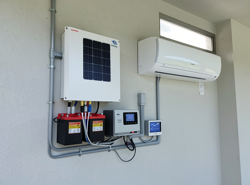 LiFePO4 battery bank and hybrid inverter powering a mini-split heat pump from solar