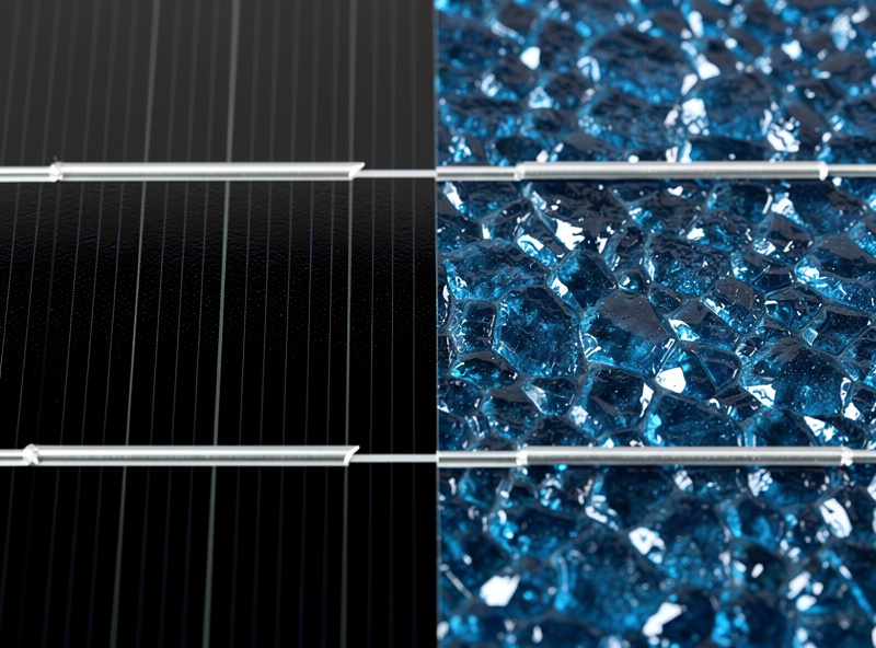 Side by side monocrystalline black and polycrystalline blue solar panels