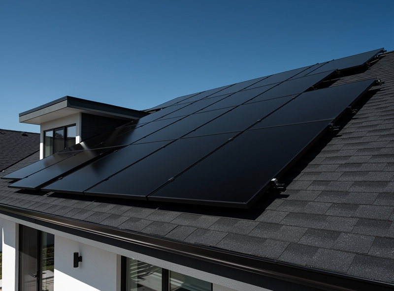 Monocrystalline solar panel array on a residential roof in clear light