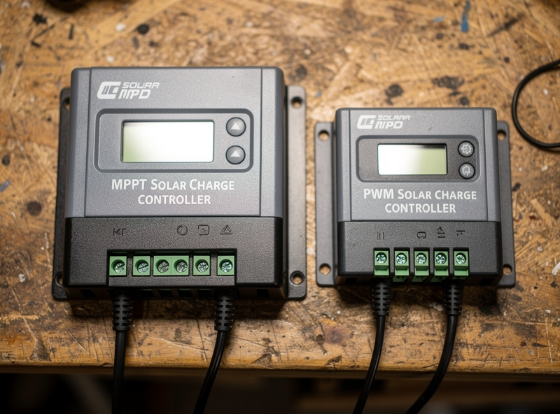 MPPT and PWM solar charge controllers side by side on a workbench