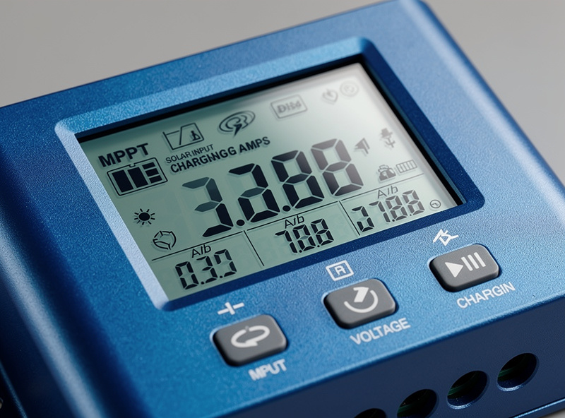 MPPT charge controller display showing solar input voltage and charging current
