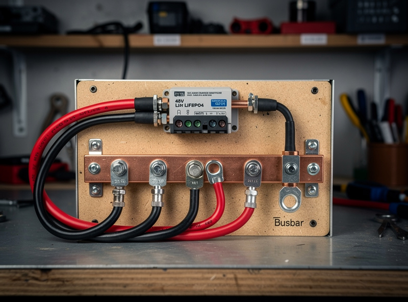 Solar charge controller wired to a 48V LiFePO4 battery bank with fusing