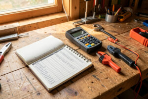 Off-grid energy planning bench with a load calculation worksheet, calculator and power meter