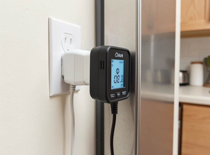 Plug-in energy monitor measuring a refrigerator real daily watt-hour consumption