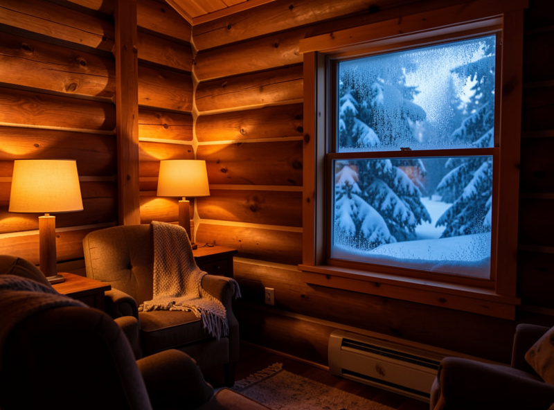 Winter off-grid cabin interior with LED lighting on, illustrating higher seasonal electrical load