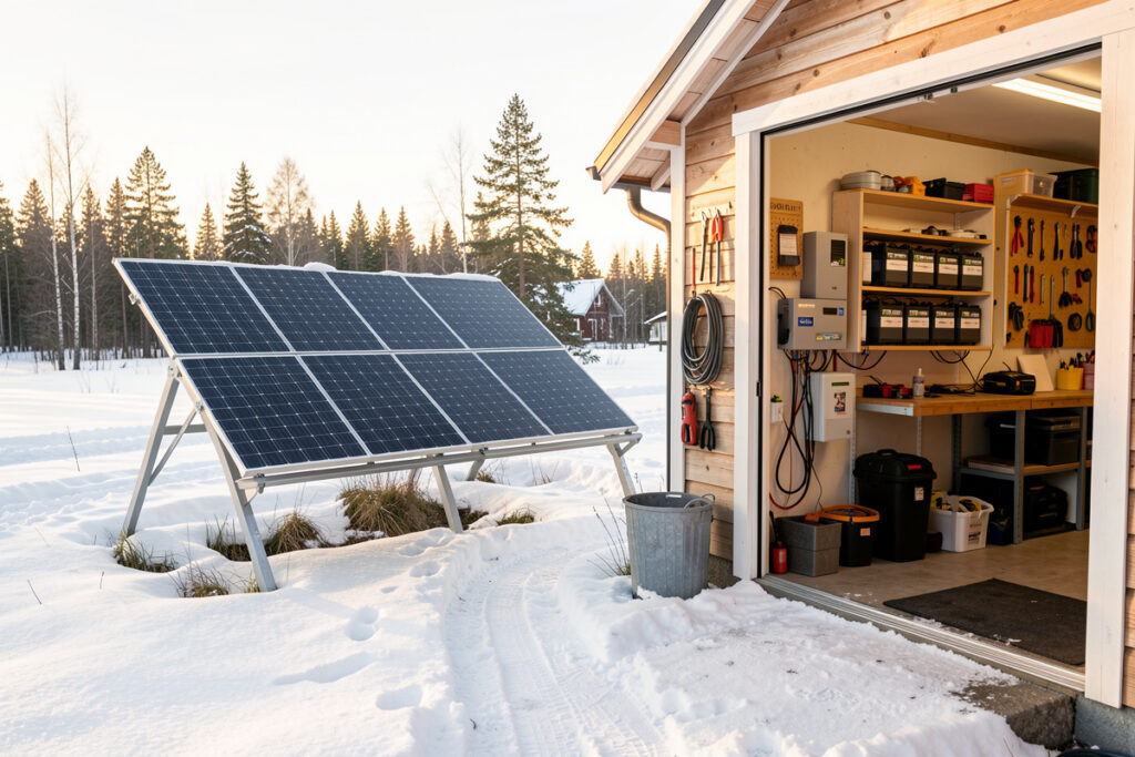 Off-grid power system with solar panels and a wall-mounted LiFePO4 battery bank and hybrid inverter