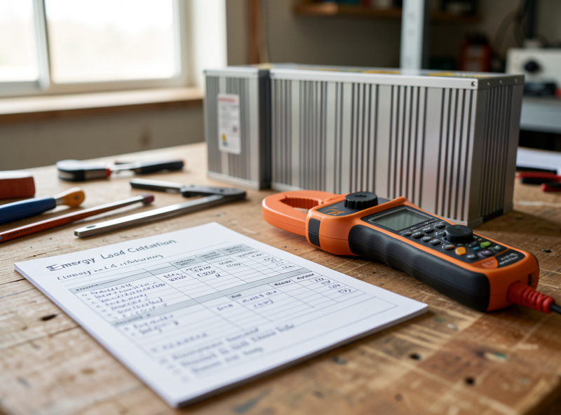 Off-grid power system planning with a load table, clamp meter and battery bank on a workshop bench