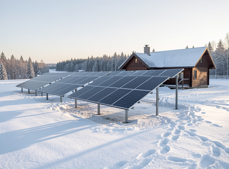 Snow-dusted off-grid solar array at a northern latitude cabin in low winter sun