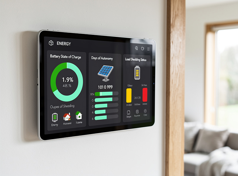 Home Assistant off-grid dashboard showing battery autonomy and load shedding