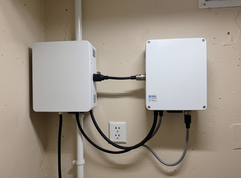 Two wall-mounted inverters connected by a data synchronization cable between their communication ports