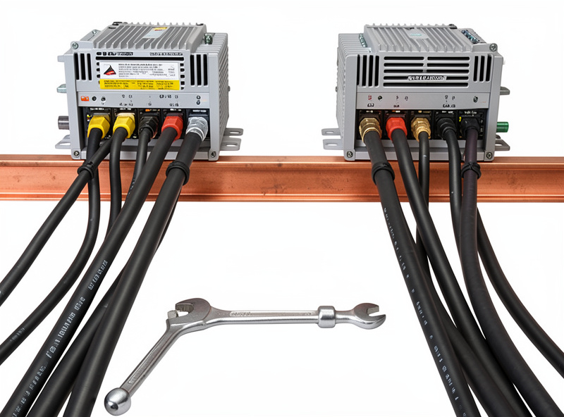 Equal-length DC battery cables landing on a common copper busbar feeding two paralleled inverters