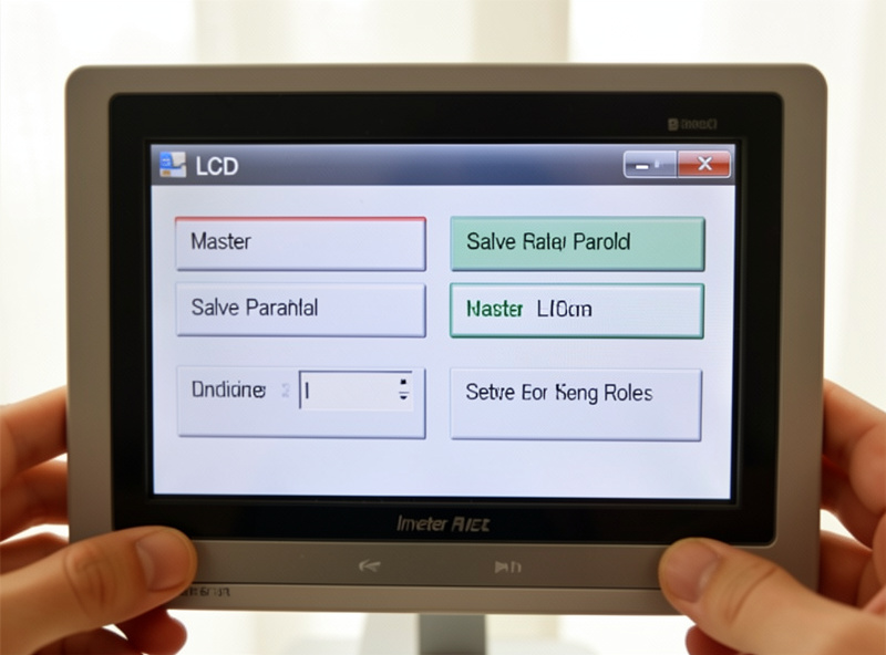 Inverter LCD menu showing master and slave parallel configuration settings
