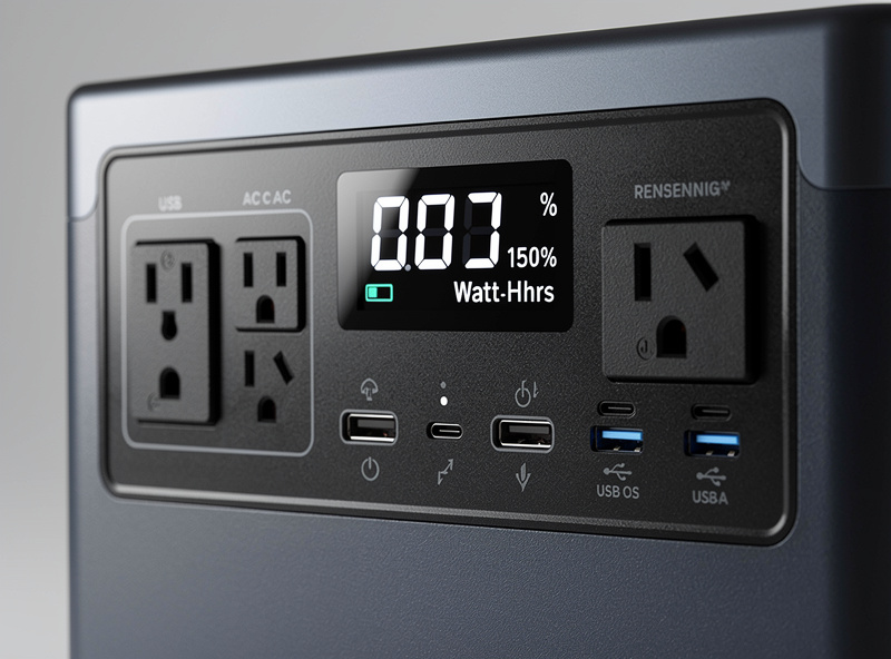 Portable power station front panel showing AC outlets, USB ports, and a watt-hour display