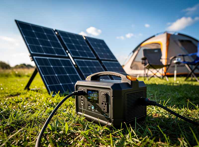 Portable power station charging from a folding solar panel set up outdoors on a sunny day