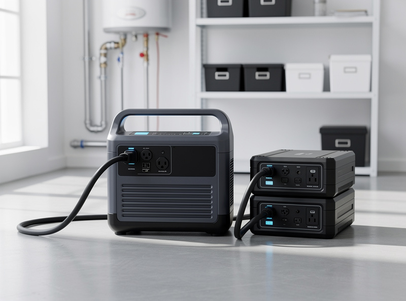 Large expandable portable power station with stacked add-on battery modules in a home setting