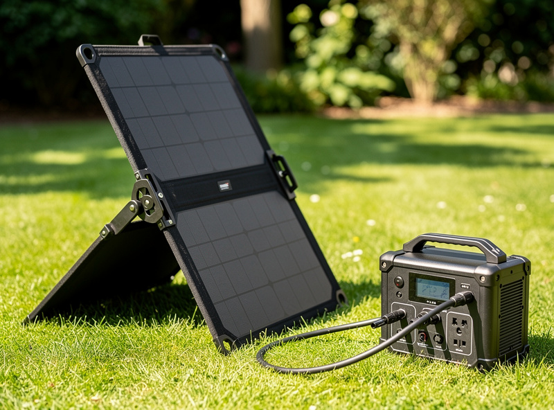 A folding portable solar panel connected to a power station outdoors on a sunny day