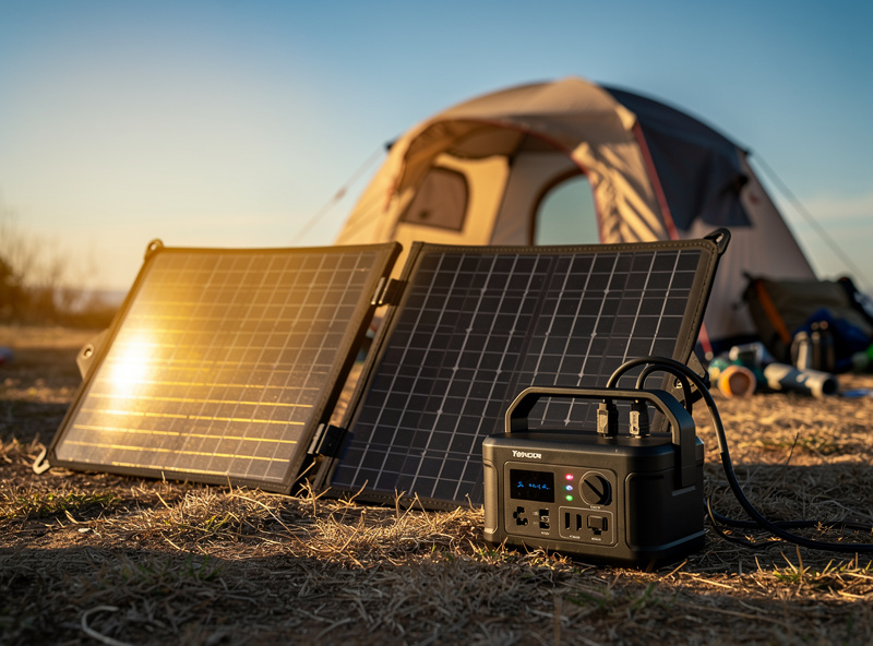 Two folding solar panels angled toward the sun charging a power station at a campsite