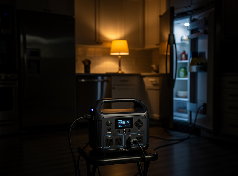 Portable power station powering a refrigerator and a lamp in a kitchen during a blackout