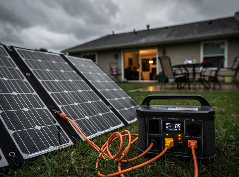 Portable power station charging from a folding solar panel in a backyard during a multi-day outage