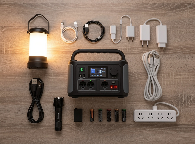 Home emergency backup kit with a portable power station, lantern, and chargers ready for an outage