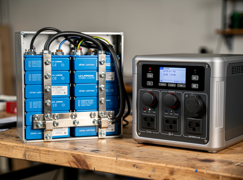 A portable power station next to a DIY LiFePO4 battery bank built from prismatic cells