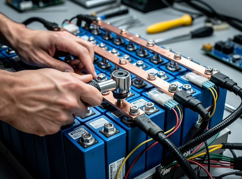 Hands wiring busbars on a DIY LiFePO4 battery bank with a torque wrench