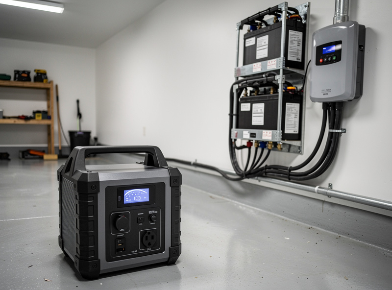 A portable power station and a wall-mounted DIY battery bank in the same garage, two backup approaches