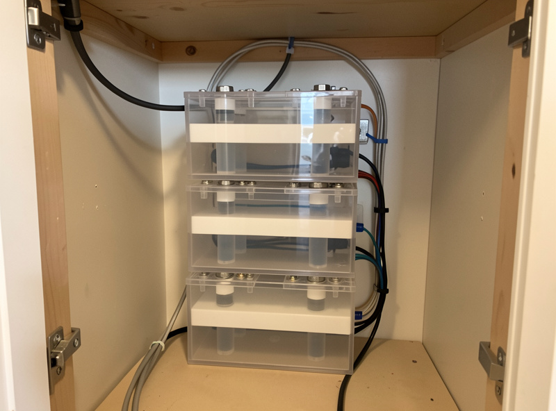 Saltwater battery stack with non-toxic electrolyte in a home utility room