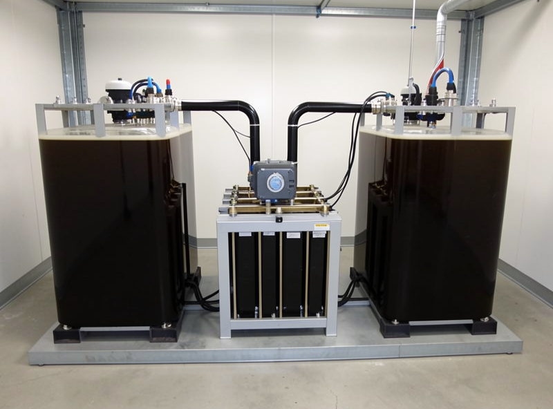 Vanadium redox flow battery with two electrolyte tanks and a central pump stack