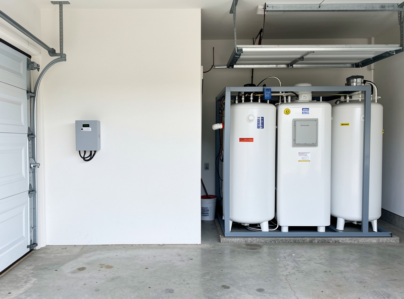 Comparison of a compact LiFePO4 wall battery beside a larger flow battery installation