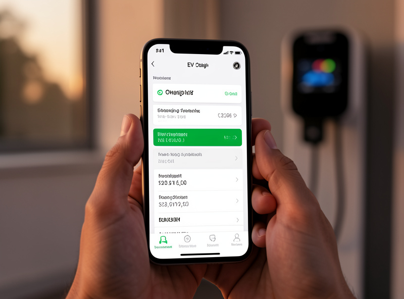 Smartphone app showing an EV charging schedule set to overnight off-peak hours next to a home charger