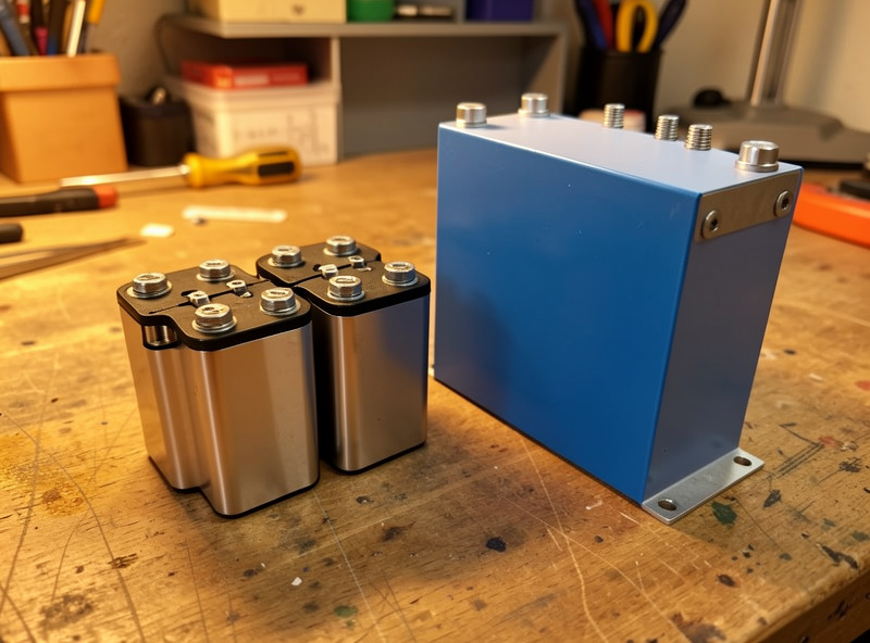 Sodium-ion battery cells on a workbench next to a LiFePO4 prismatic cell for size comparison