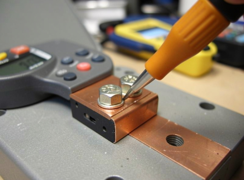 Close-up of a sodium-ion cell terminal and busbar connection on a test bench