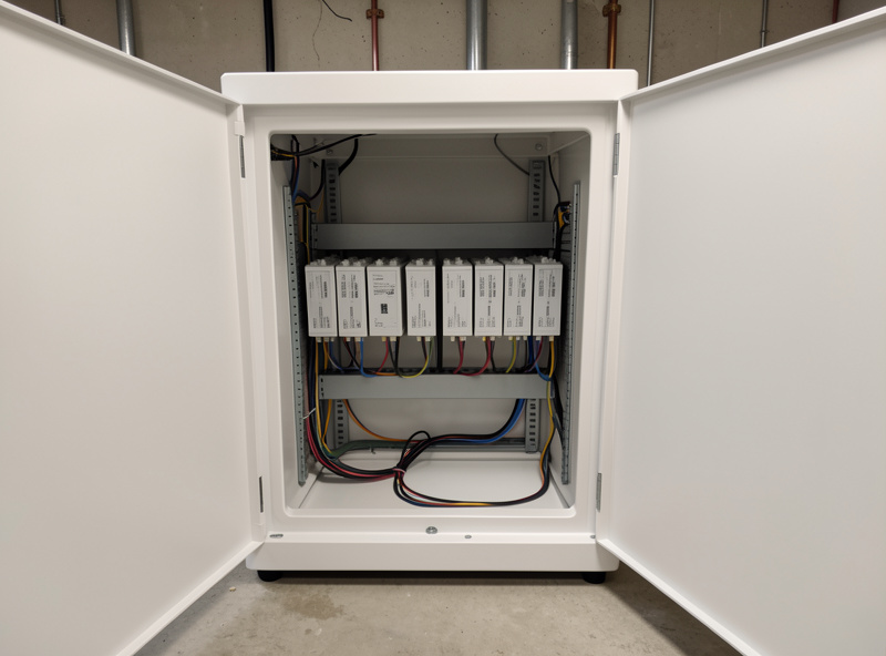 Rack of sodium-ion battery modules in a stationary energy storage cabinet