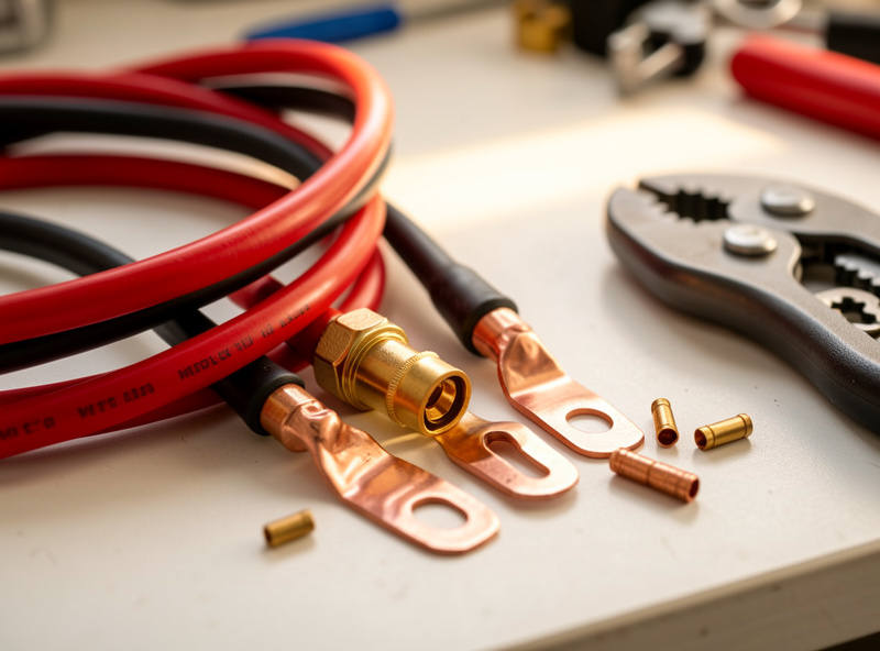 Close-up of solar MC4 connectors, red and black DC battery cables with crimped copper lugs, and a ratcheting crimp tool on a workbench